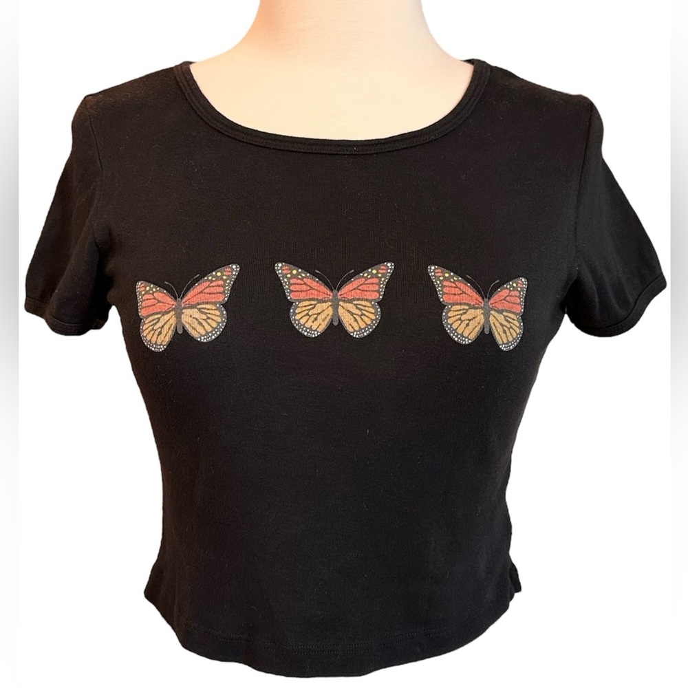 Truly Madly Deeply Black with Butterflies Crop Top, Short Sleeves, Size S